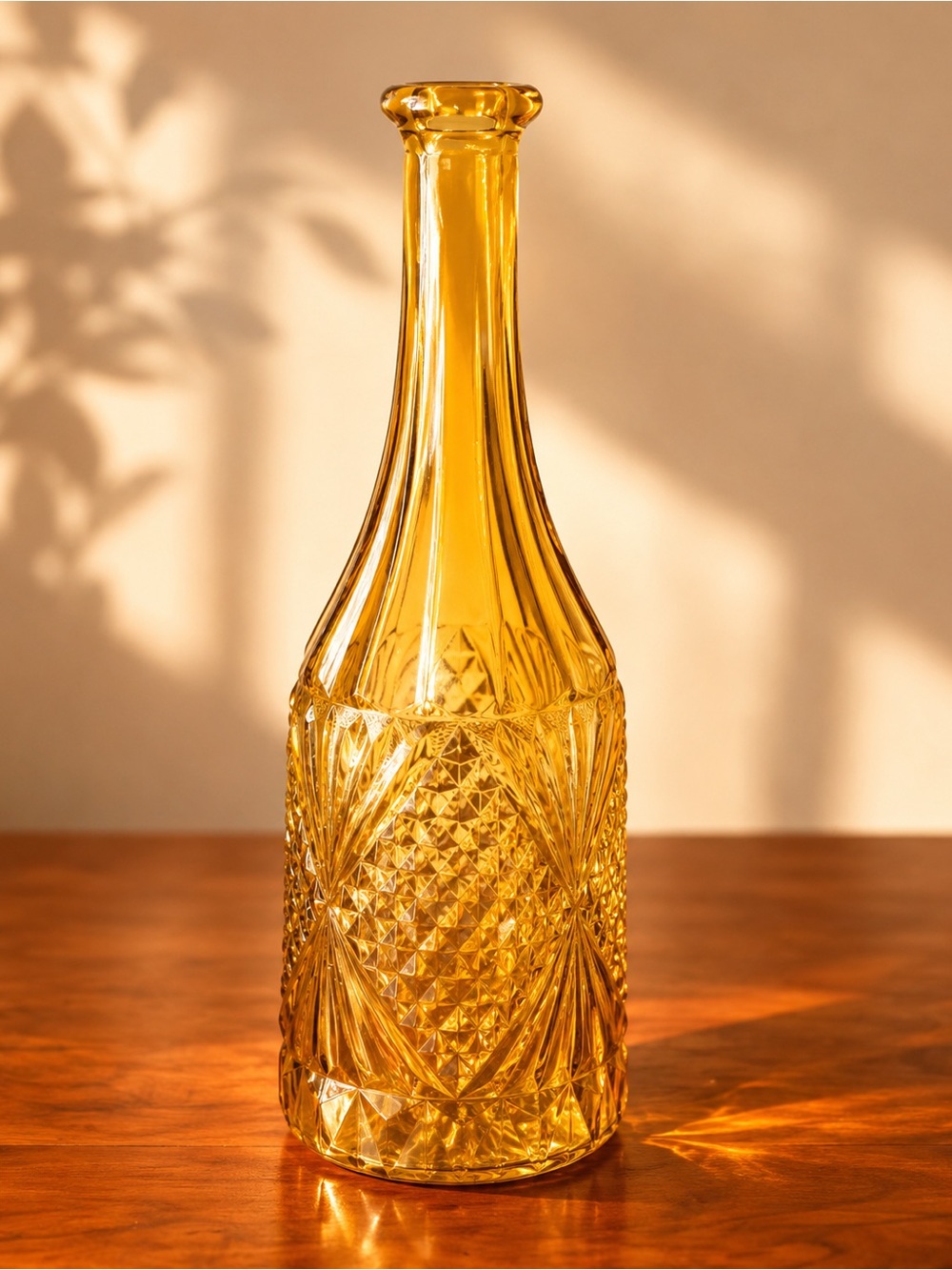 Amber Pressed Glass Bottle Vase Diamond Cut Vintage 11.5”